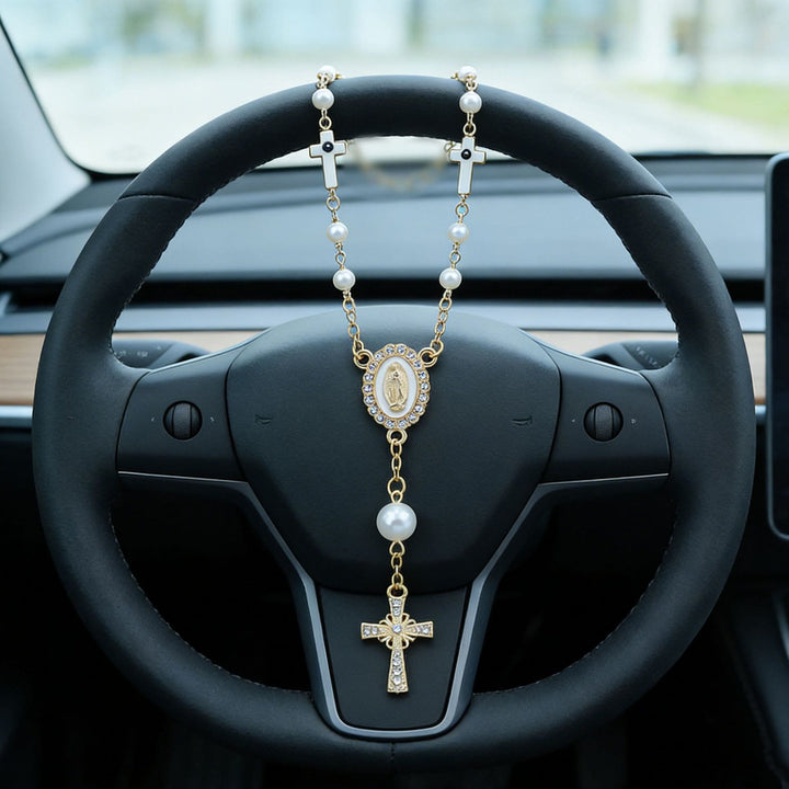 Christianartworkshop Pendentif de voiture en forme de croix avec perle et icône de la Vierge Marie : symbole de sécurité et de foi pour les voyages. - Blanc B - image 3