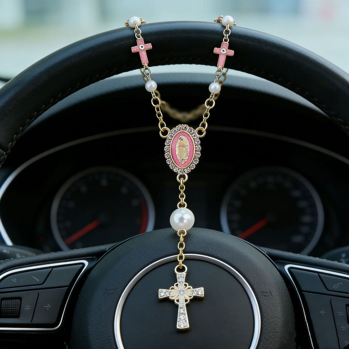 Christianartworkshop Pendentif de voiture en forme de croix avec perle et icône de la Vierge Marie : symbole de sécurité et de foi pour les voyages. - Rose - image 5
