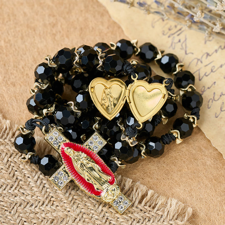 Christianartworkshop Chapelet élégant en verre noir facetté avec croix en émail rouge de la Vierge Marie - image 1