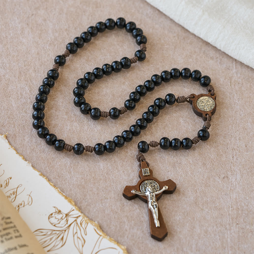 Christianartworkshop Chapelet vintage en bois noir avec protection de saint Benoît - Saint Benoît et Crucifix - image 0