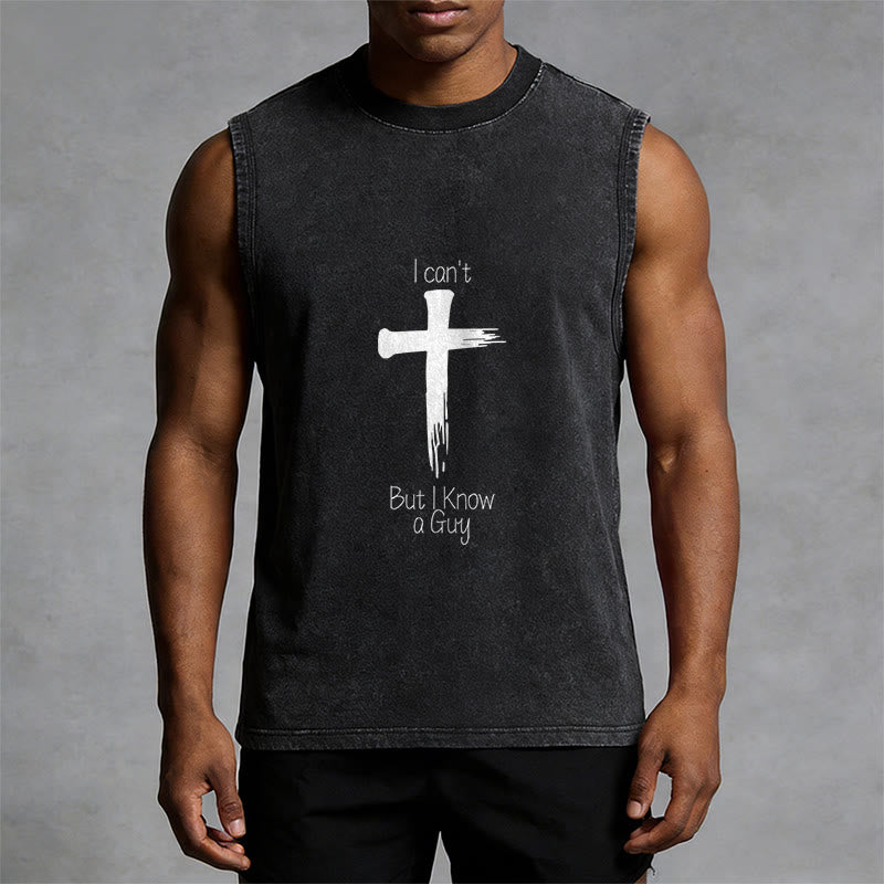 Christianartworkshop Je ne peux pas, mais je connais un gars. Débardeur unisexe délavé Faith. - image 1