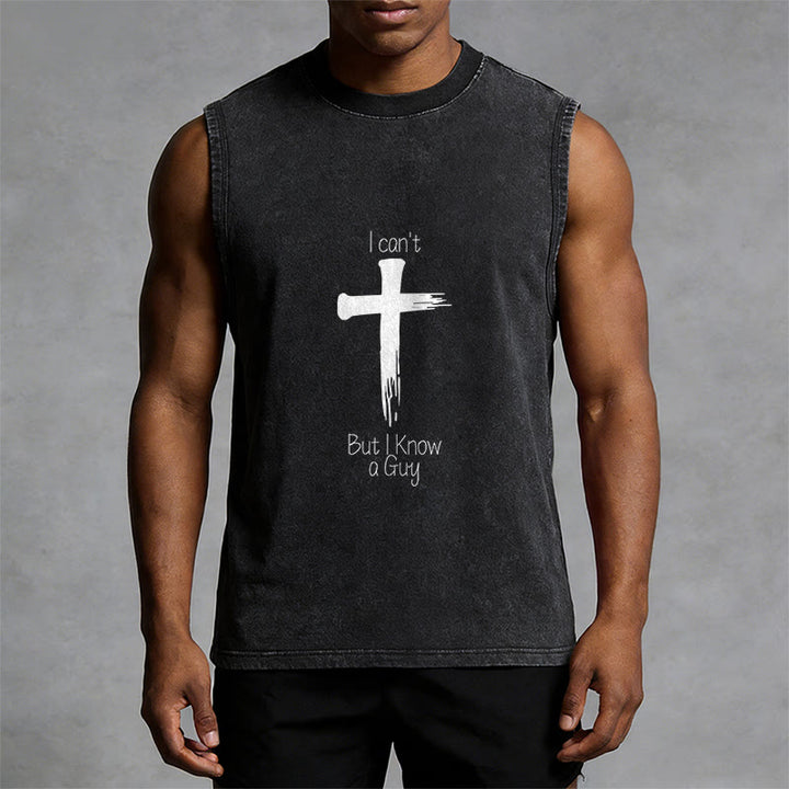 Christianartworkshop Je ne peux pas, mais je connais un gars. Débardeur unisexe délavé Faith. - image 1