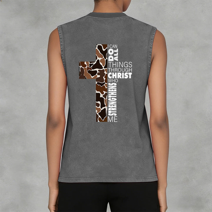 Christianartworkshop Débardeur unisexe lavé à motif camouflage croix « Je peux tout faire grâce au Christ » - image 12