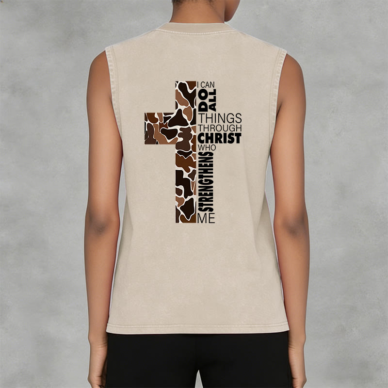 Christianartworkshop Débardeur unisexe lavé à motif camouflage croix « Je peux tout faire grâce au Christ » - image 18