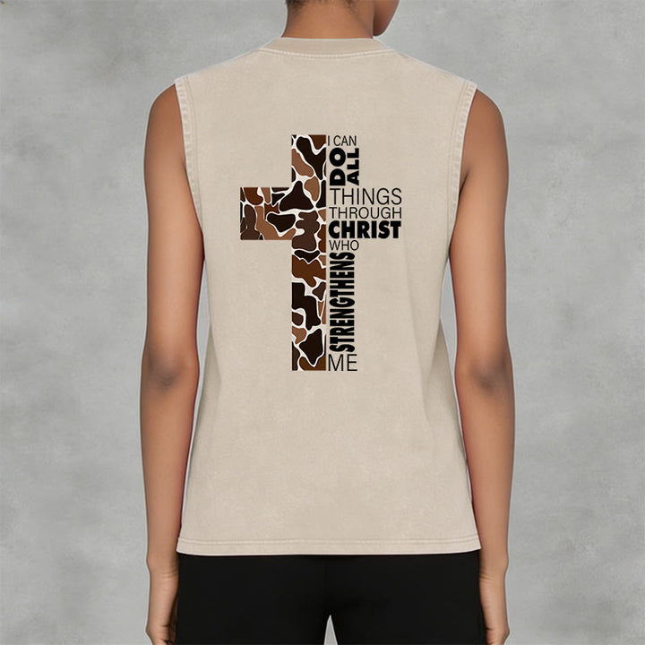 Christianartworkshop Débardeur unisexe lavé à motif camouflage croix « Je peux tout faire grâce au Christ » - image 18
