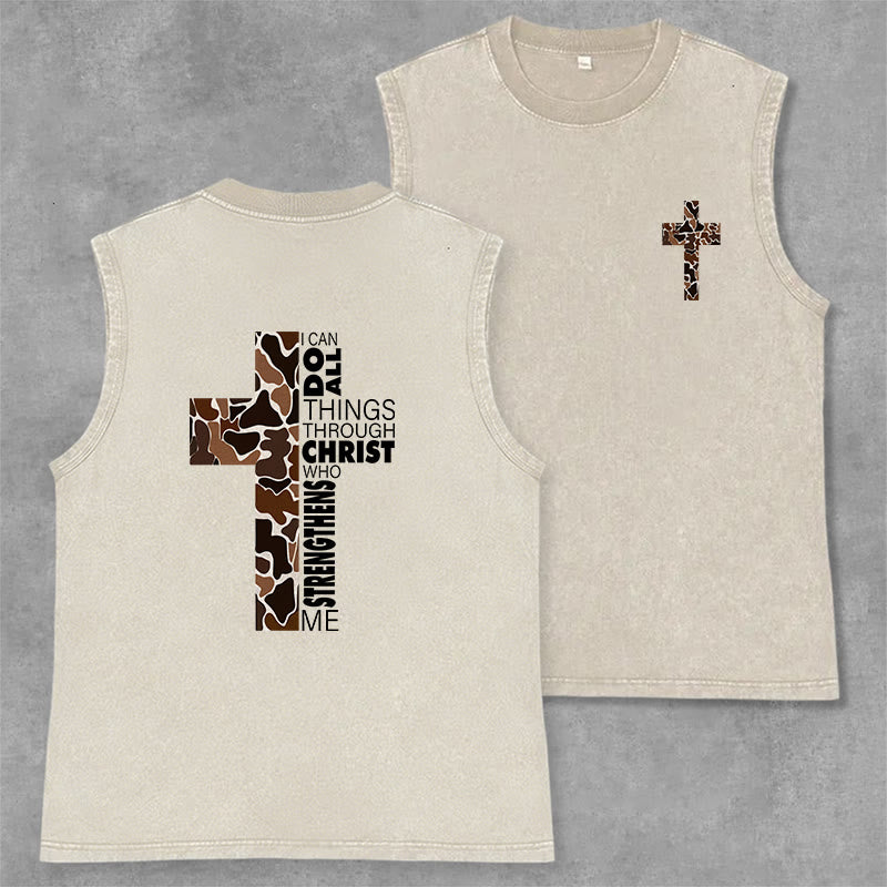 Christianartworkshop Débardeur unisexe lavé à motif camouflage croix « Je peux tout faire grâce au Christ » - Beige - 2XL - image 15
