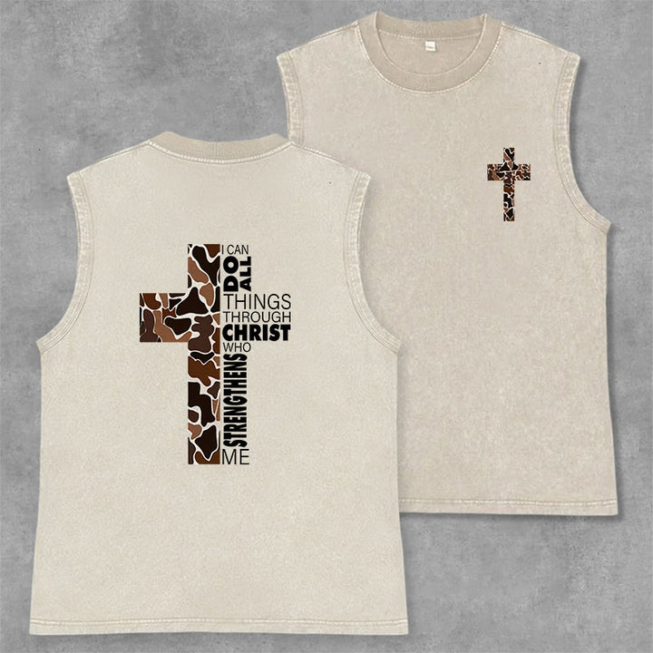 Christianartworkshop Débardeur unisexe lavé à motif camouflage croix « Je peux tout faire grâce au Christ » - Beige - 2XL - image 15
