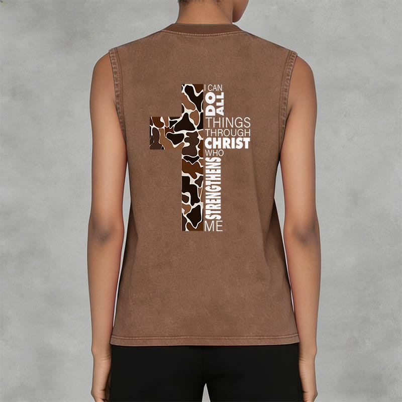 Christianartworkshop Débardeur unisexe lavé à motif camouflage croix « Je peux tout faire grâce au Christ » - image 25