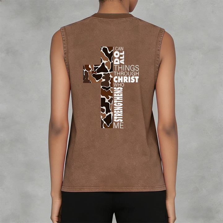 Christianartworkshop Débardeur unisexe lavé à motif camouflage croix « Je peux tout faire grâce au Christ » - image 25