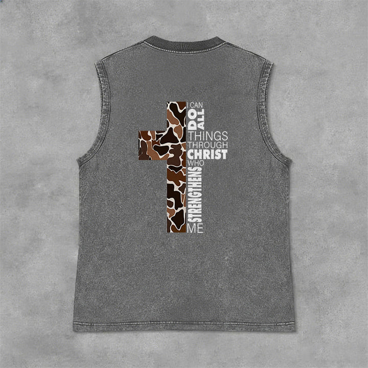 Christianartworkshop Débardeur unisexe lavé à motif camouflage croix « Je peux tout faire grâce au Christ » - image 13