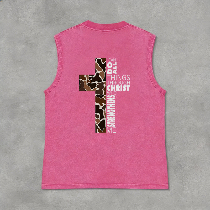Christianartworkshop Débardeur unisexe lavé à motif camouflage croix « Je peux tout faire grâce au Christ » - image 35
