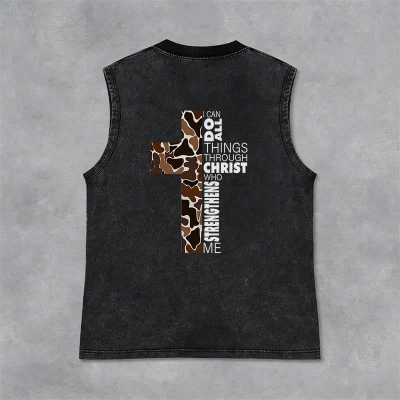 Christianartworkshop Débardeur unisexe lavé à motif camouflage croix « Je peux tout faire grâce au Christ » - image 6