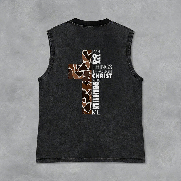 Christianartworkshop Débardeur unisexe lavé à motif camouflage croix « Je peux tout faire grâce au Christ » - image 6