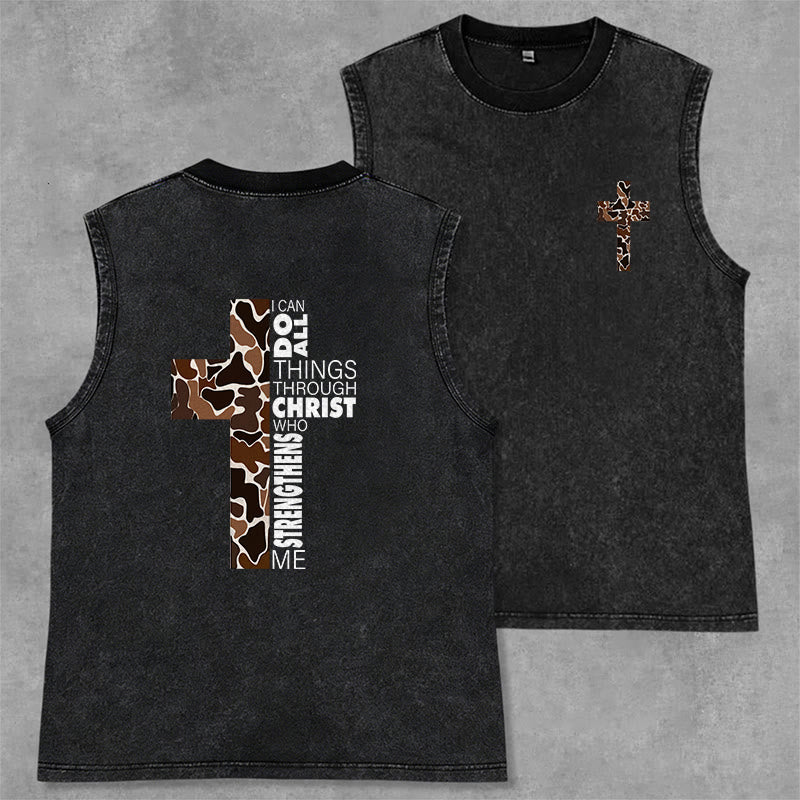 Christianartworkshop Débardeur unisexe lavé à motif camouflage croix « Je peux tout faire grâce au Christ » - Noir - 2XL - image 1