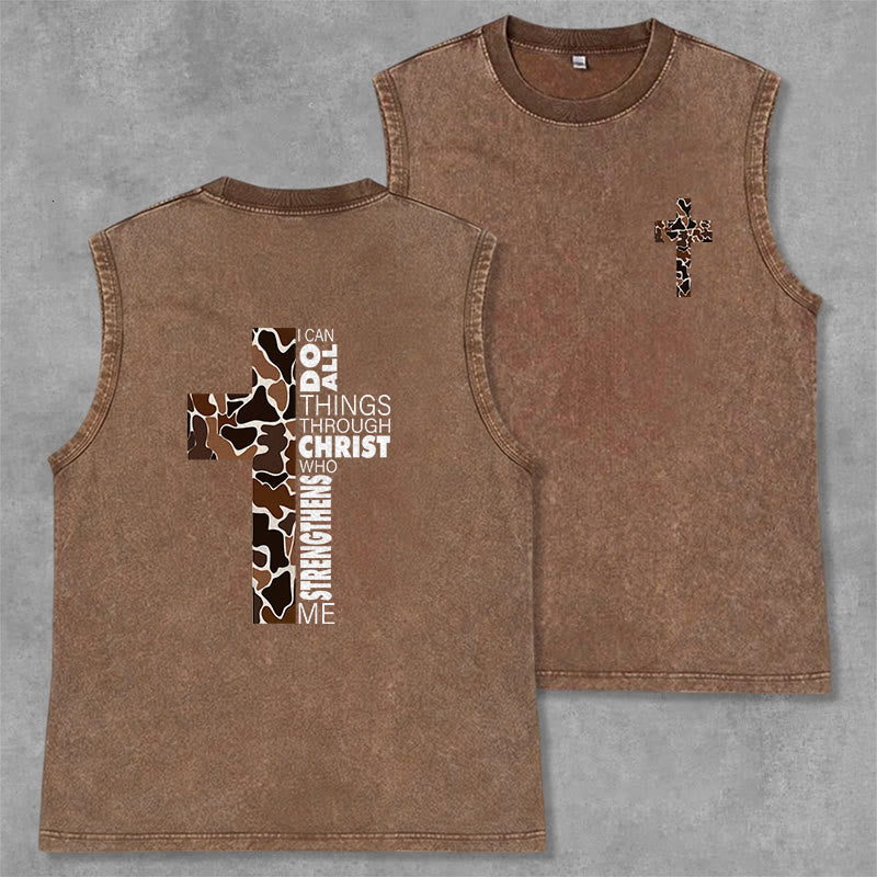 Christianartworkshop Débardeur unisexe lavé à motif camouflage croix « Je peux tout faire grâce au Christ » - Brun - 2XL - image 22