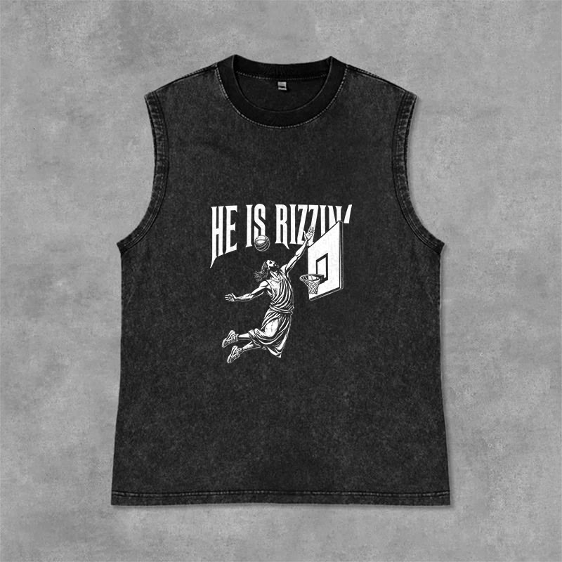 Christianartworkshop Débardeur unisexe délavé He Is Rizzin' Jesus Basketball - Noir - 2XL - image 6