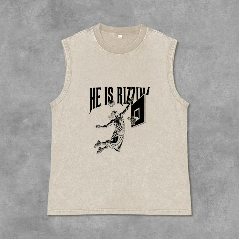 Christianartworkshop Débardeur unisexe délavé He Is Rizzin' Jesus Basketball - Beige - 2XL - image 3