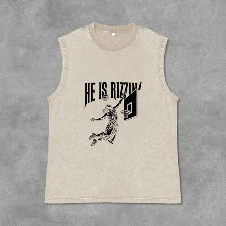 Christianartworkshop Débardeur unisexe délavé He Is Rizzin' Jesus Basketball - Beige - 2XL - image 3