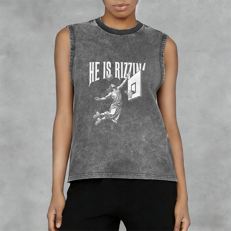 Christianartworkshop Débardeur unisexe délavé He Is Rizzin' Jesus Basketball - image 2