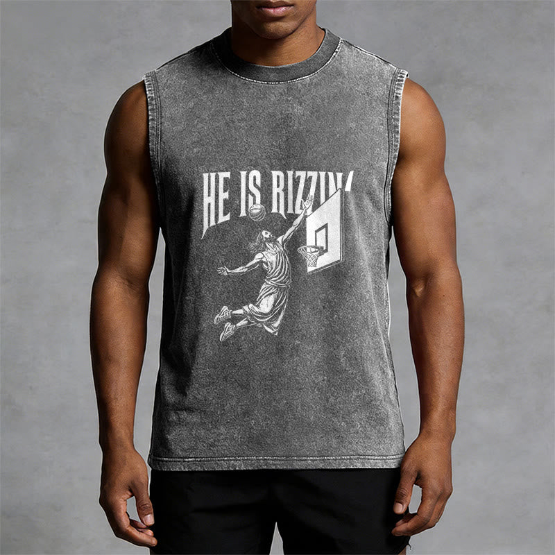 Christianartworkshop Débardeur unisexe délavé He Is Rizzin' Jesus Basketball - image 1