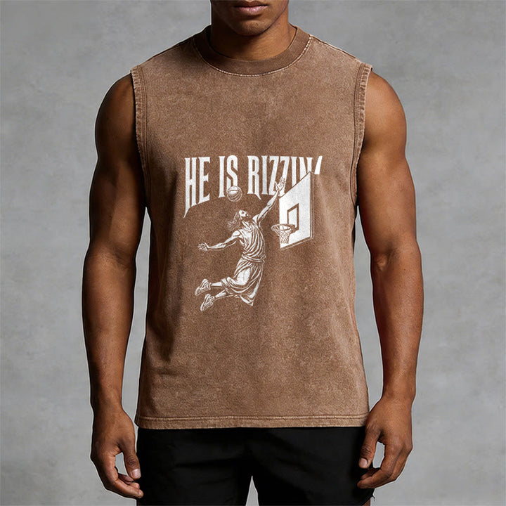 Christianartworkshop Débardeur unisexe délavé He Is Rizzin' Jesus Basketball - image 14