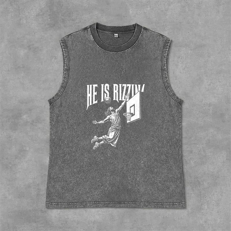 Christianartworkshop Débardeur unisexe délavé He Is Rizzin' Jesus Basketball - Gris - 2XL - image 0