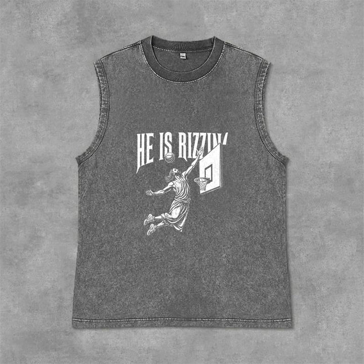 Christianartworkshop Débardeur unisexe délavé He Is Rizzin' Jesus Basketball - Gris - 2XL - image 0