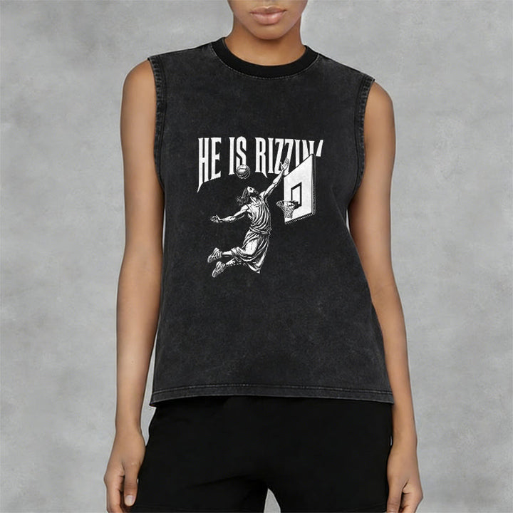 Christianartworkshop Débardeur unisexe délavé He Is Rizzin' Jesus Basketball - image 8