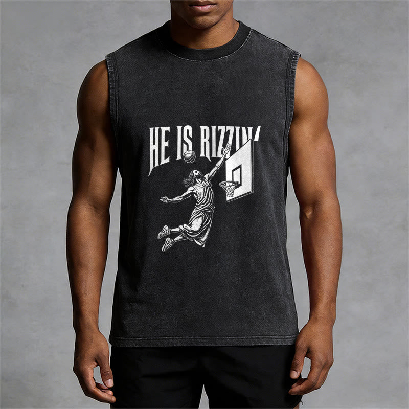 Christianartworkshop Débardeur unisexe délavé He Is Rizzin' Jesus Basketball - image 7