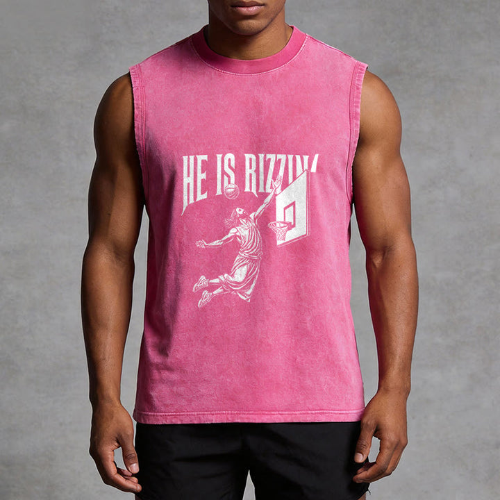 Christianartworkshop Débardeur unisexe délavé He Is Rizzin' Jesus Basketball - image 10