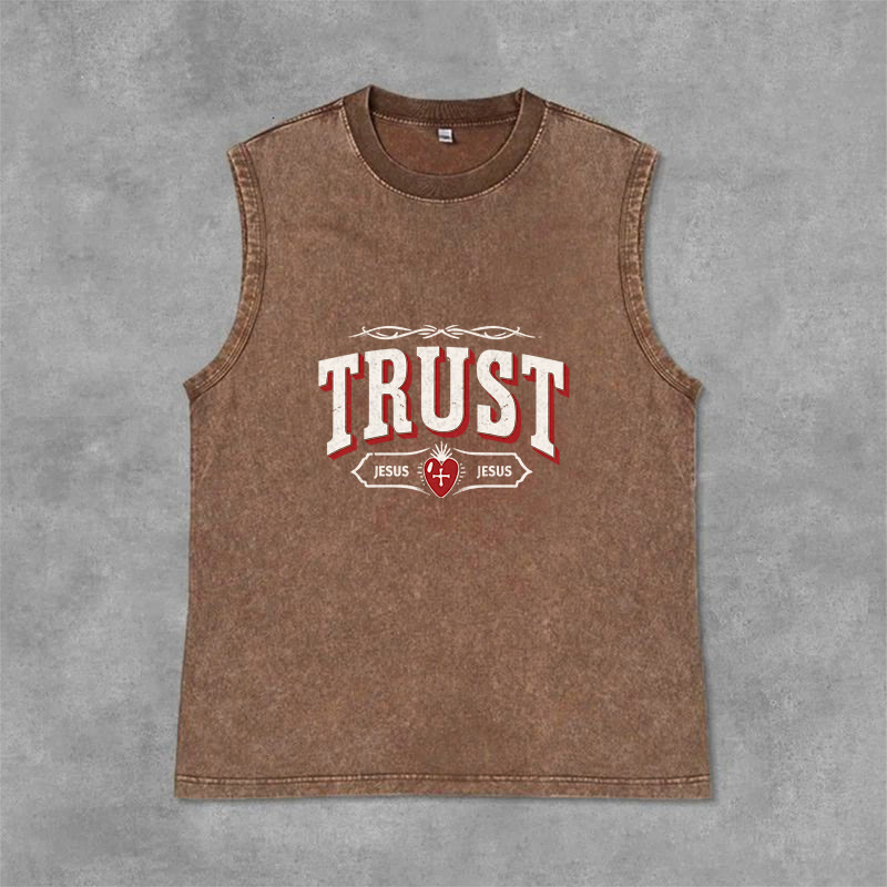 Christianartworkshop Débardeur unisexe lavé « Trust Jesus Sacred Heart » - Brun - 2XL - image 12