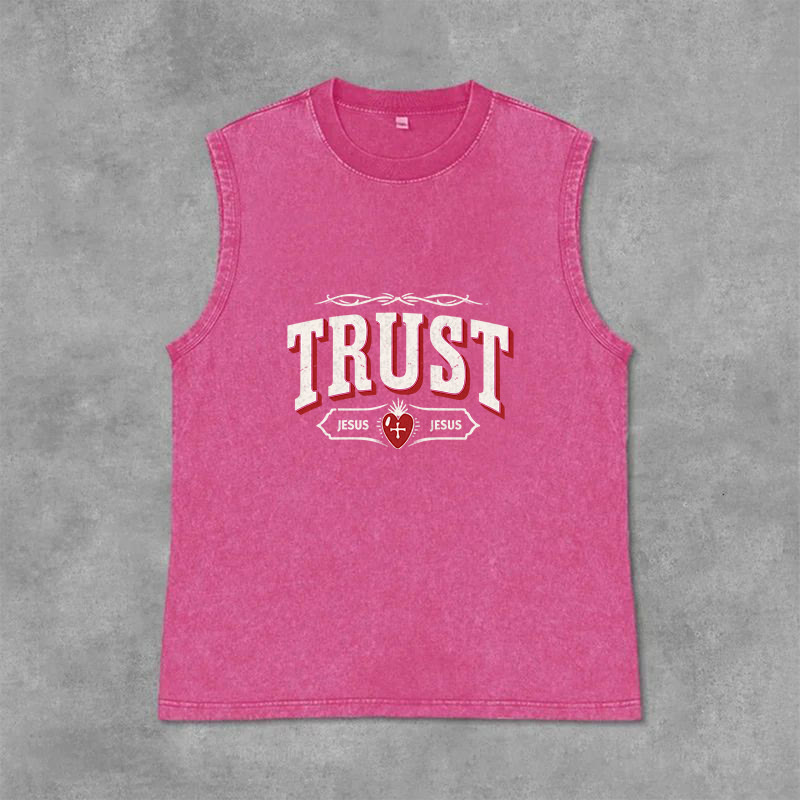 Christianartworkshop Débardeur unisexe lavé « Trust Jesus Sacred Heart » - Rose - 2XL - image 0