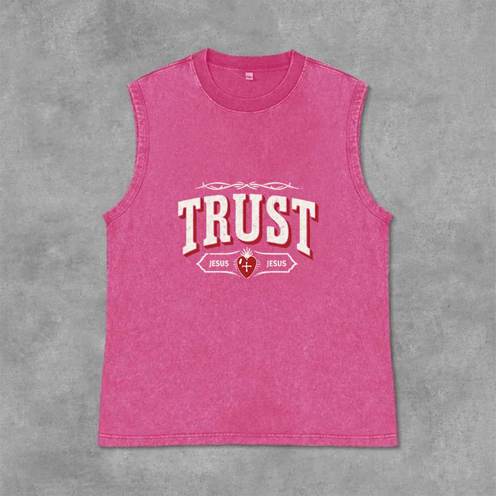 Christianartworkshop Débardeur unisexe lavé « Trust Jesus Sacred Heart » - Rose - 2XL - image 0