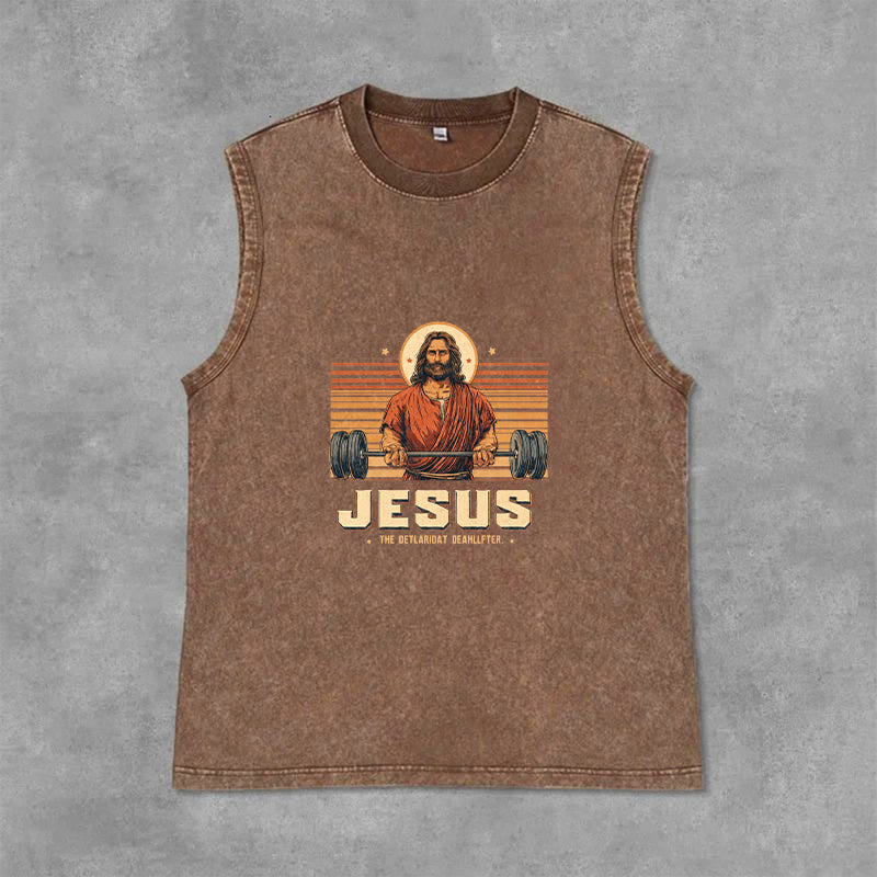 Christianartworkshop Débardeur unisexe lavé avec inscription « Jésus souleveur de terre » - Brun - 2XL - image 0