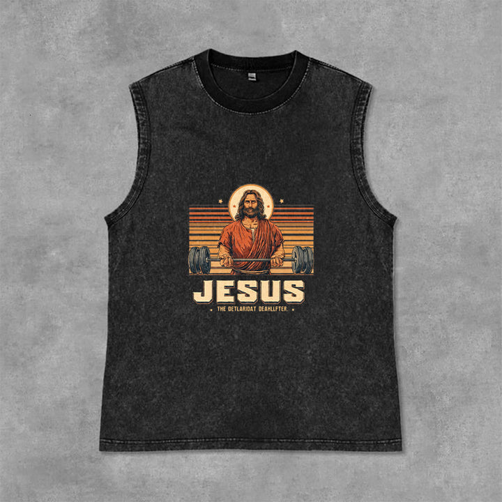 Christianartworkshop Débardeur unisexe lavé avec inscription « Jésus souleveur de terre » - Noir - 2XL - image 3