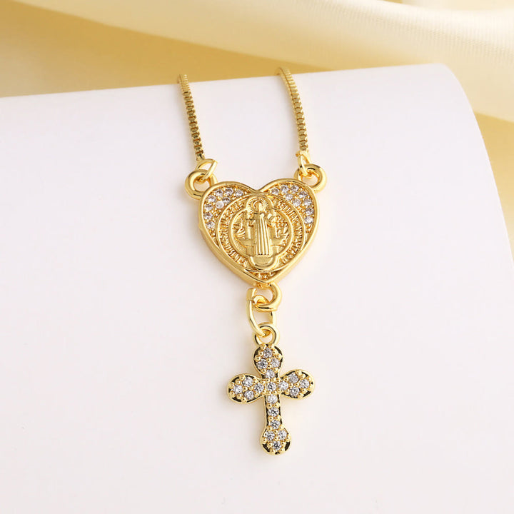 Christianartworkshop Collier en forme de cœur orné de zircons représentant Notre-Dame et Saint Benoît : La grâce divine au quotidien - Saint Benoît - image 4
