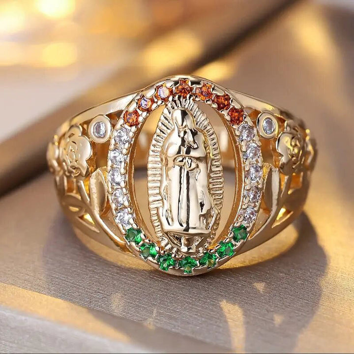 Christianartworkshop Bague Notre-Dame sertie de zircons et ornée de motifs floraux : un élégant rappel d’une foi inébranlable - image 5