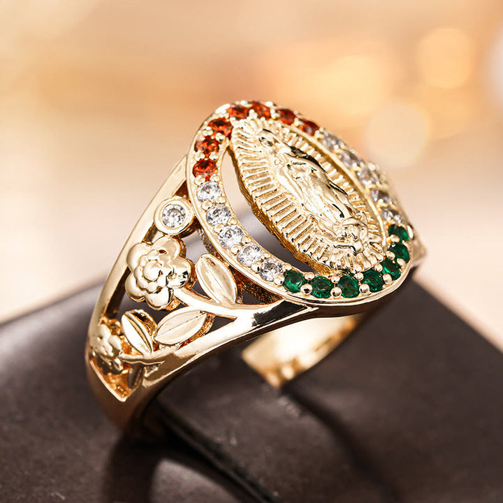 Christianartworkshop Bague Notre-Dame sertie de zircons et ornée de motifs floraux : un élégant rappel d’une foi inébranlable - image 2