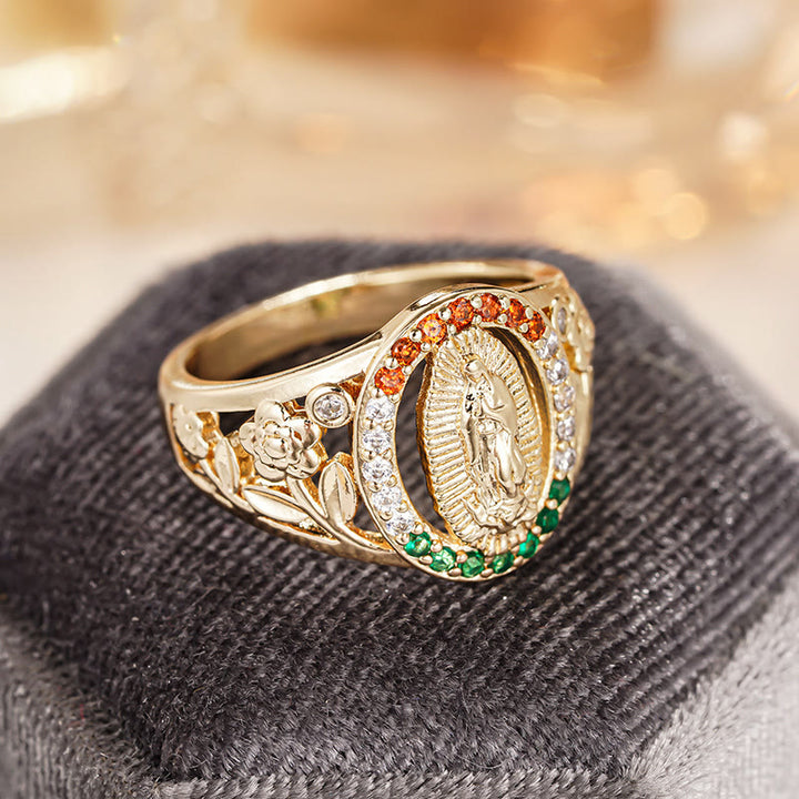 Christianartworkshop Bague Notre-Dame sertie de zircons et ornée de motifs floraux : un élégant rappel d’une foi inébranlable - image 6
