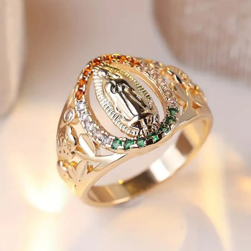 Christianartworkshop Bague Notre-Dame sertie de zircons et ornée de motifs floraux : un élégant rappel d’une foi inébranlable - image 1