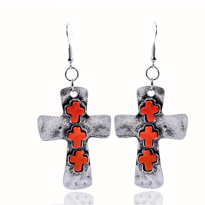 Christianartworkshop Boucles d'oreilles texturées à trois croix avec incrustations de pierres : symbole de foi et de protection - Orange - image 9