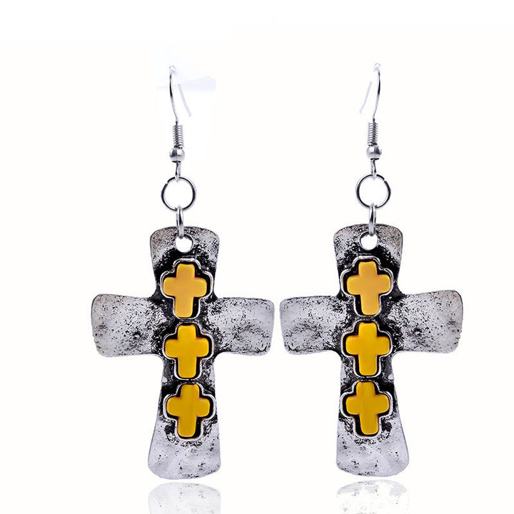 Christianartworkshop Boucles d'oreilles texturées à trois croix avec incrustations de pierres : symbole de foi et de protection - Jaune - image 11