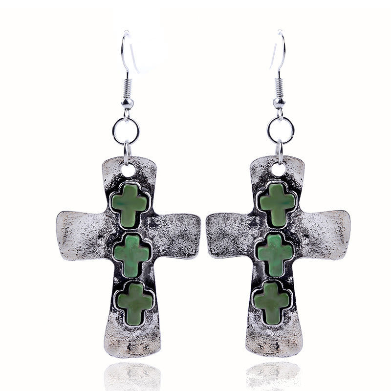 Christianartworkshop Boucles d'oreilles texturées à trois croix avec incrustations de pierres : symbole de foi et de protection - Vert - image 5