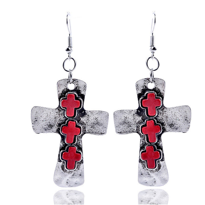 Christianartworkshop Boucles d'oreilles texturées à trois croix avec incrustations de pierres : symbole de foi et de protection - Rouge - image 6