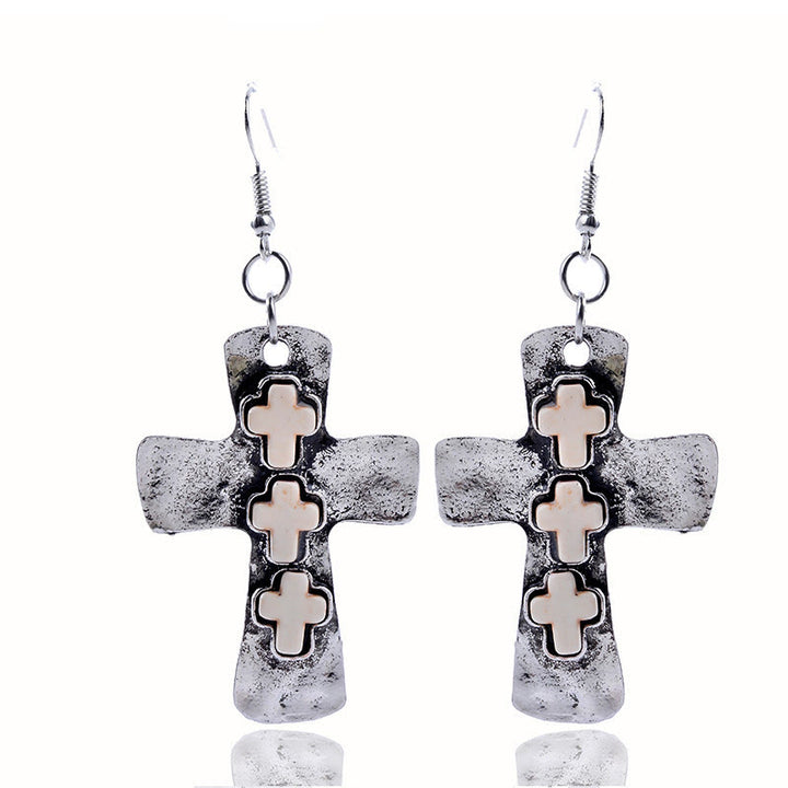 Christianartworkshop Boucles d'oreilles texturées à trois croix avec incrustations de pierres : symbole de foi et de protection - Blanc - image 10