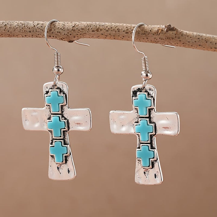 Christianartworkshop Boucles d'oreilles texturées à trois croix avec incrustations de pierres : symbole de foi et de protection - Bleu - image 0