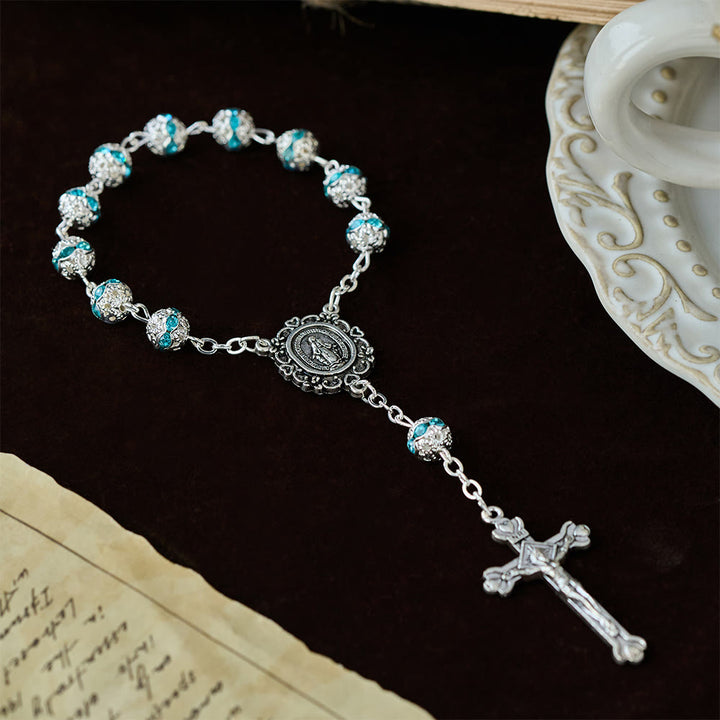 Christianartworkshop Chapelet de poche à perles scintillantes avec médaille de Notre-Dame : symbole de foi et de grâce - image 2