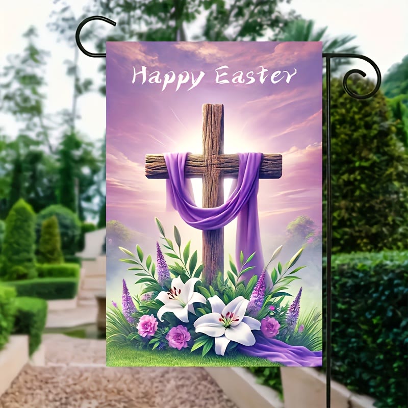 Christianartworkshop Joyeuses Pâques ! Drapeau de jardin en tissu violet avec croix : symbole d'espoir et de renouveau. - 90×150cm (3×5 pi) - image 0