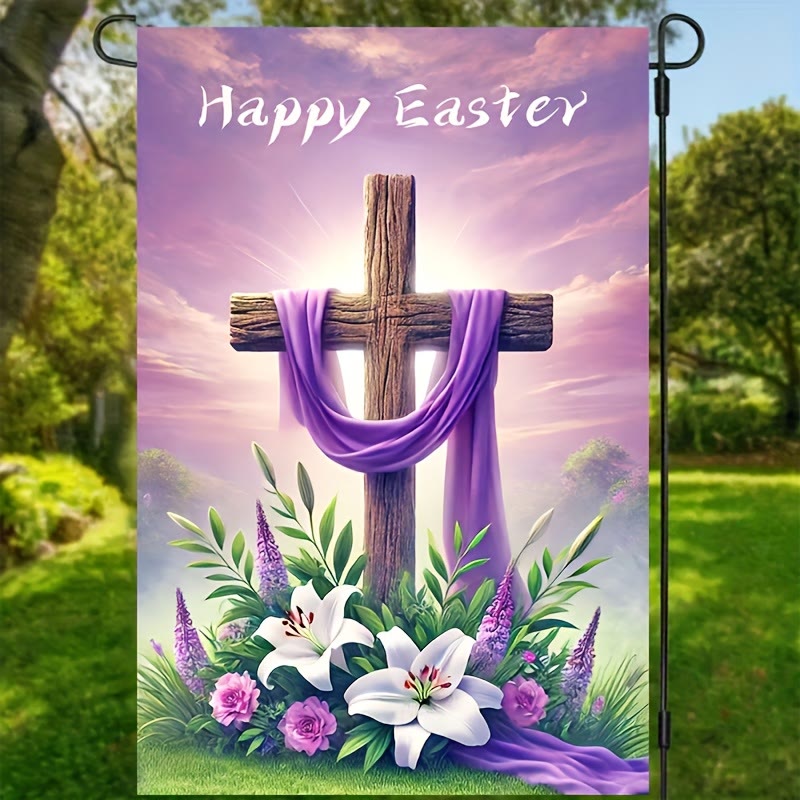 Christianartworkshop Joyeuses Pâques ! Drapeau de jardin en tissu violet avec croix : symbole d'espoir et de renouveau. - image 3