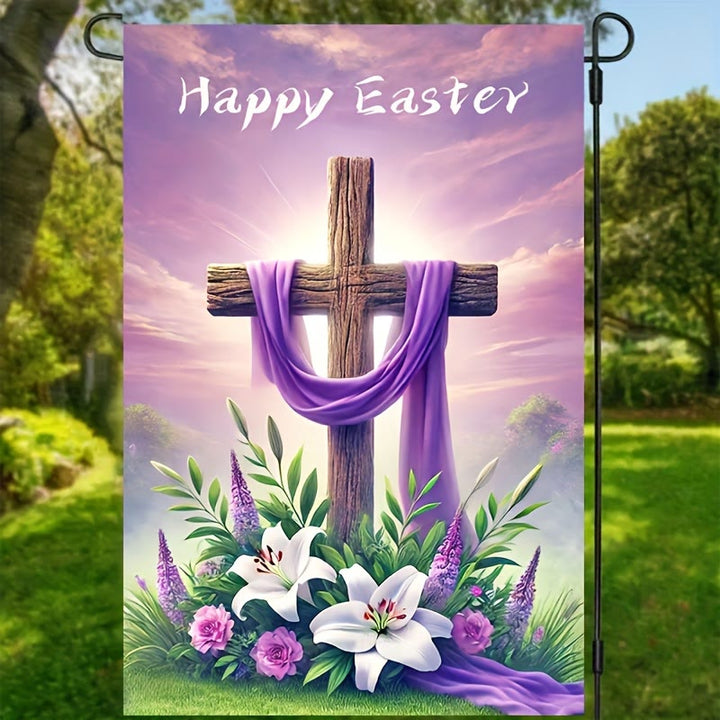 Christianartworkshop Joyeuses Pâques ! Drapeau de jardin en tissu violet avec croix : symbole d'espoir et de renouveau. - image 3